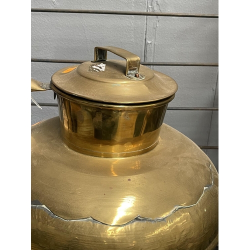 27 - Large antique brass loop handle lidded water vessel, approx 40cm H