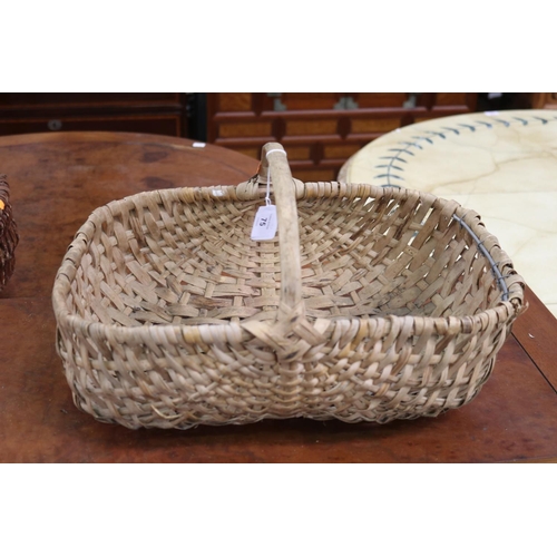 67 - Vintage French woven cane basket, approx 17cm H ex handle x 45cm W x 30cm D