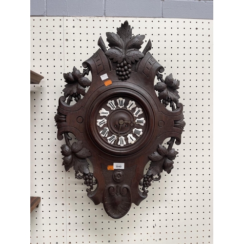 77 - Antique French carved oak clock, carved with grapes and vines, unknown working condition, no pendulu... 
