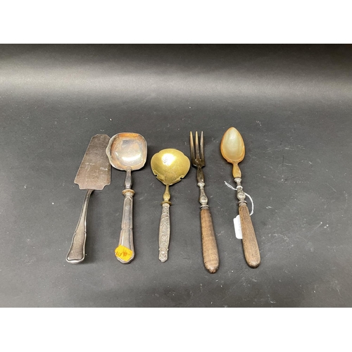 88 - Five antique French serving utensils to include horn salad servers, cake slice, and two spoons, appr... 