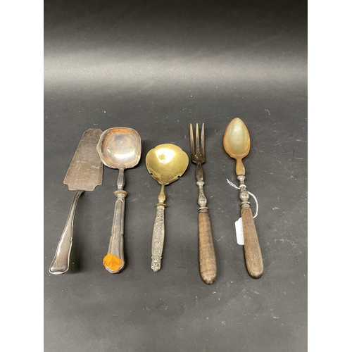 88 - Five antique French serving utensils to include horn salad servers, cake slice, and two spoons, appr... 