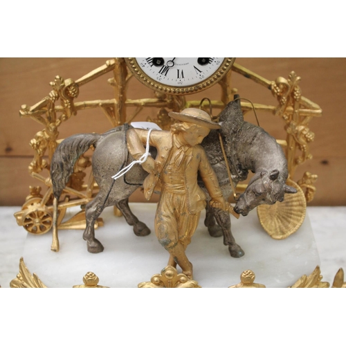 91 - Antique French figural gilt spelter & alabaster mantle clock, young farm boy with horse, with struct... 