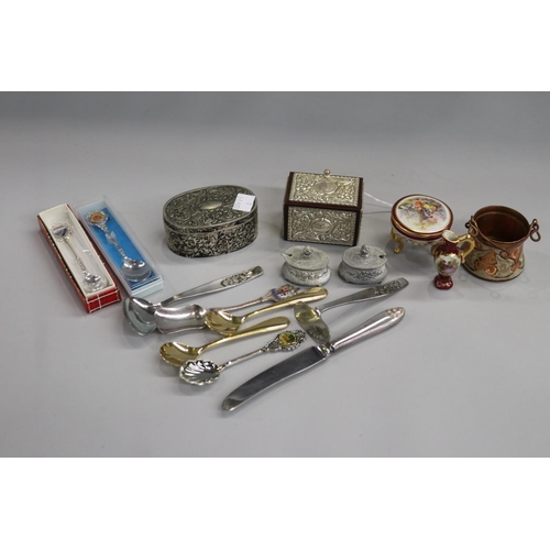 126 - Assortment of Limoges, a silver lidded box along with spoons etc
