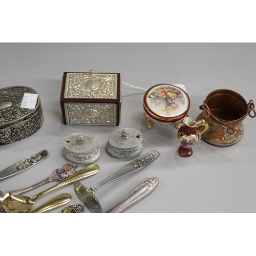 126 - Assortment of Limoges, a silver lidded box along with spoons etc