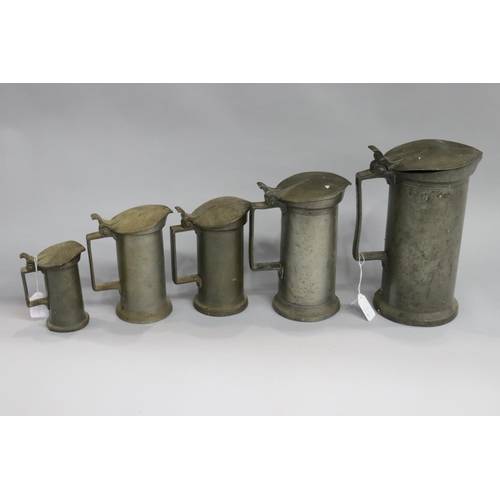 136 - Set of antique pewter lidded jugs, approx 27cm H and shorter (5)