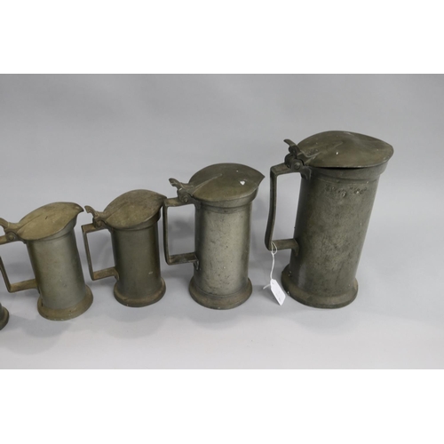 136 - Set of antique pewter lidded jugs, approx 27cm H and shorter (5)