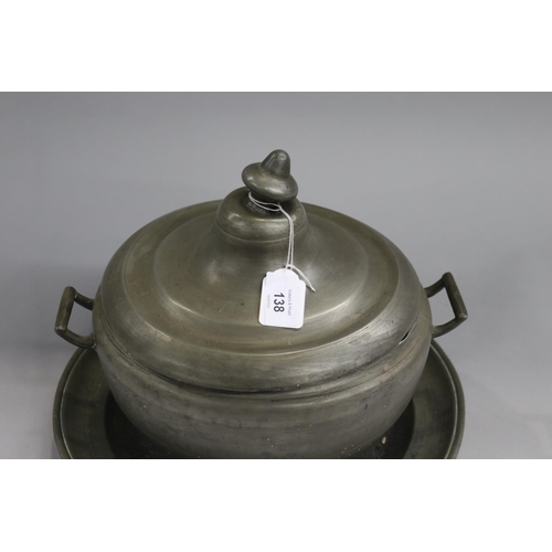 138 - Pewter lidded tureen with under plate, marked with VR M and crown, approx 24cm H x 32cm Dia