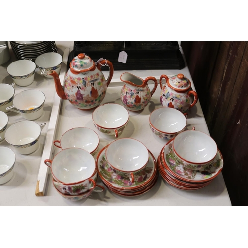 143 - Japanese eggshell teapot, cups and saucers, for six plus extras, approx 18cm H and shorter