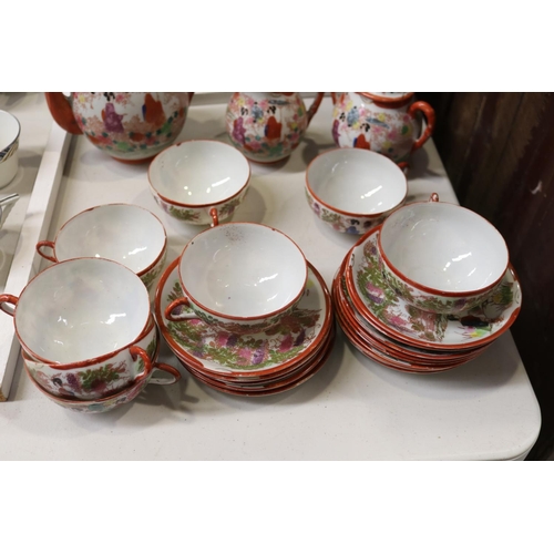 143 - Japanese eggshell teapot, cups and saucers, for six plus extras, approx 18cm H and shorter