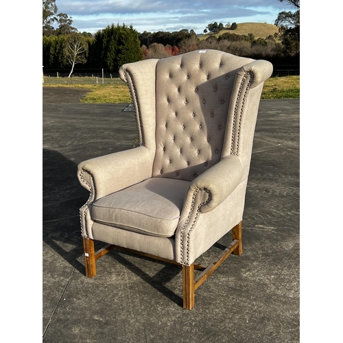 Modern studded upholstered Georgian style wing arm chair