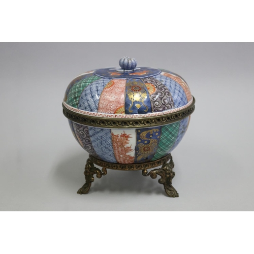 Fine antique Japanese porcelain bowl & cover on mounted cast brass stand, approx 20cm H x 20cm Dia