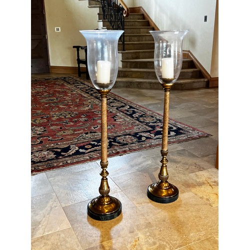 1021 - Pair of tall storm lights, bell shaped glass shades, turned fluted twist columns on turned fluted br... 