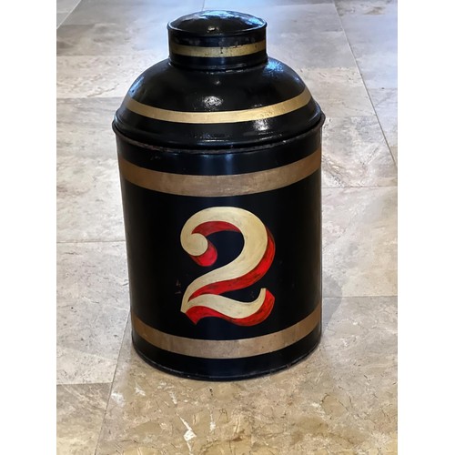 1055 - Antique English painted tin tea canister, number 2, approx 45cm H x 26.5cm Dia