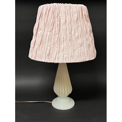 1023 - Vintage Murano milk glass table lamp with pink shade, approx 35cm H