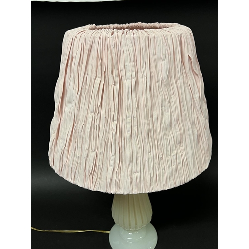1023 - Vintage Murano milk glass table lamp with pink shade, approx 35cm H