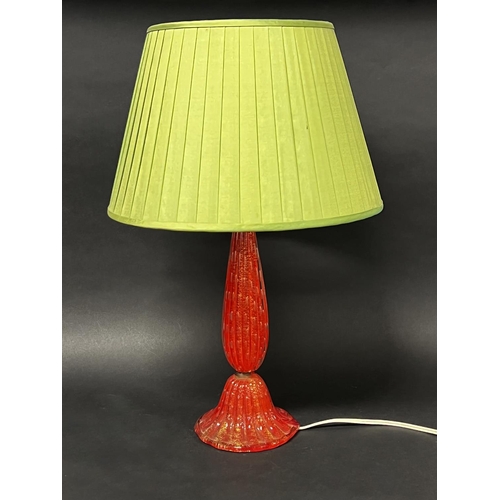 1026 - Vintage Murano red glass table lamp, spreading base,  with pleated shade, approx 54cm H