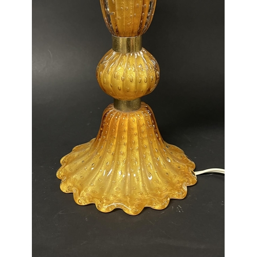 1027 - Vintage Murano gold fleck glass table lamp with turquoise shade, fluted spreading base, approx 59cm ... 
