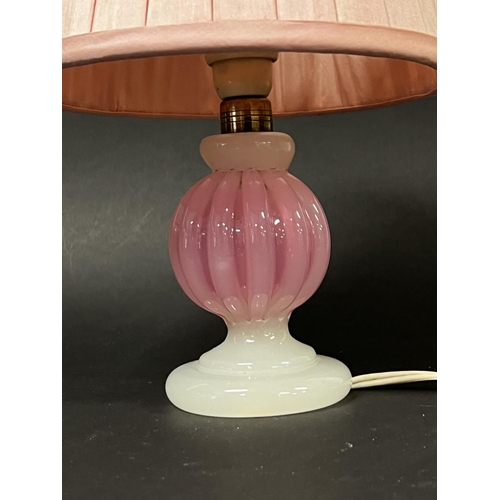 1029 - Vintage Murano pink and milk glass table lamp, fluted ball form body, with pleated shade, approx 30c... 
