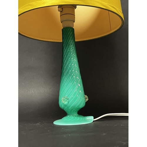 1030 - Vintage Murano green glass table lamp with gold shade, approx 50cm H