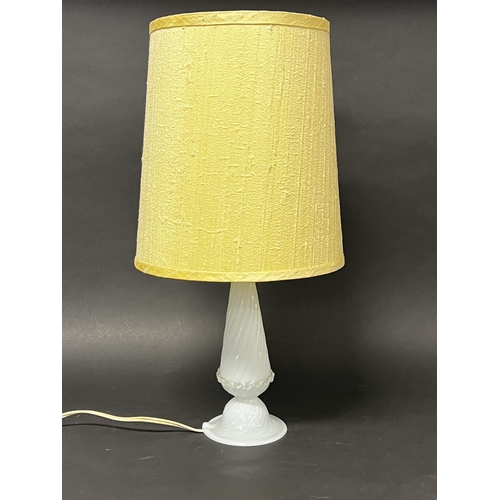 1031 - Murano milk glass lamp, spreading foot,  with beige shade, approx 50cm H