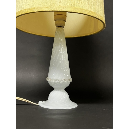 1031 - Murano milk glass lamp, spreading foot,  with beige shade, approx 50cm H