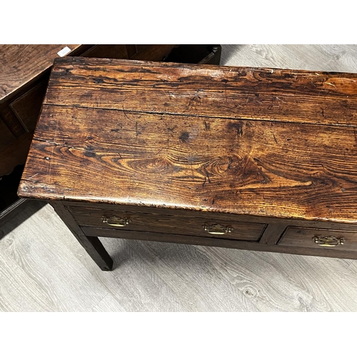 1033 - Antique rustic 18th century English oak three drawer dresser, standing on square legs, approx 79cm H... 
