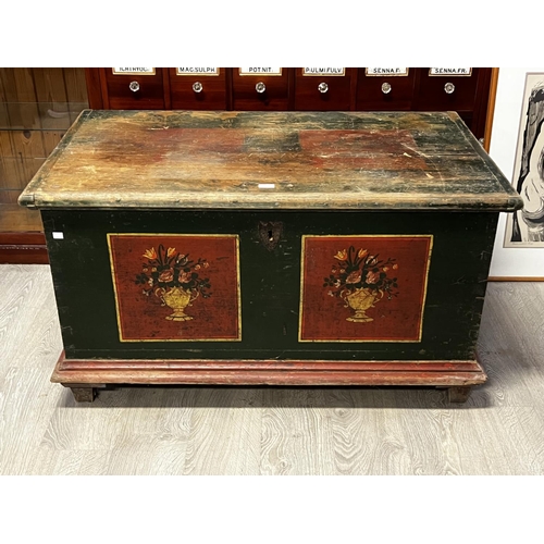 1036 - Antique Swiss painted pine marriage trunk, approx 63cm H x 118cm W x 66cm D
