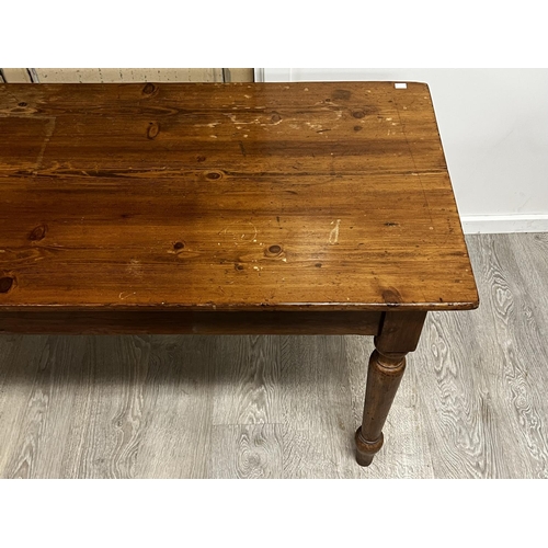 1039 - Long rustic pine turned leg table, approx 77cm H x 183cm L x 53cm D