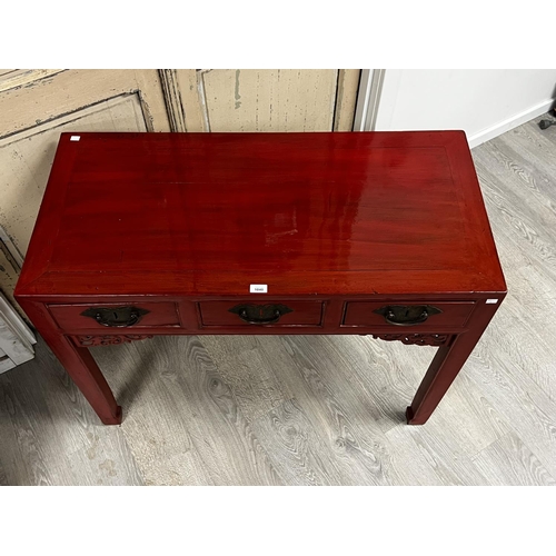 1040 - Chinese red lacquer three drawer desk or side table, fret work corners, ex Colefax and Fowler, appro... 