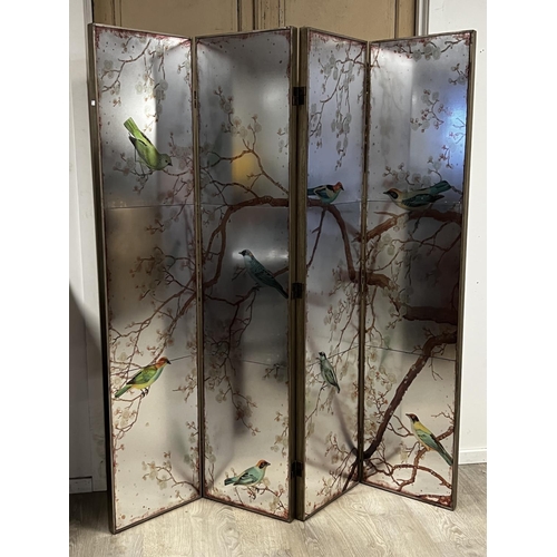 1047 - Tall modern designed mirrored and painted four fold floor screen with distressed painted look with b... 