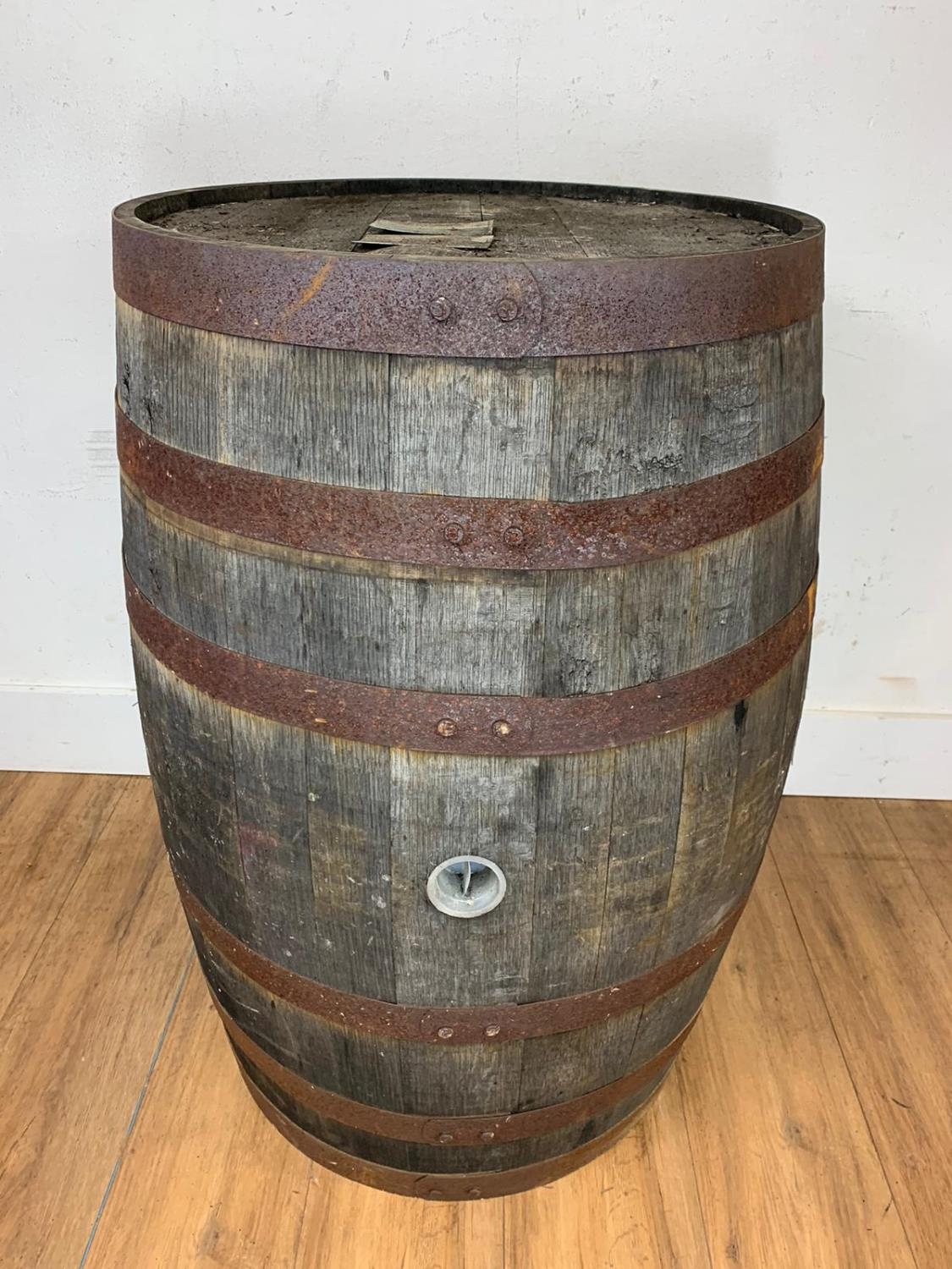 Large wooden whiskey barrel