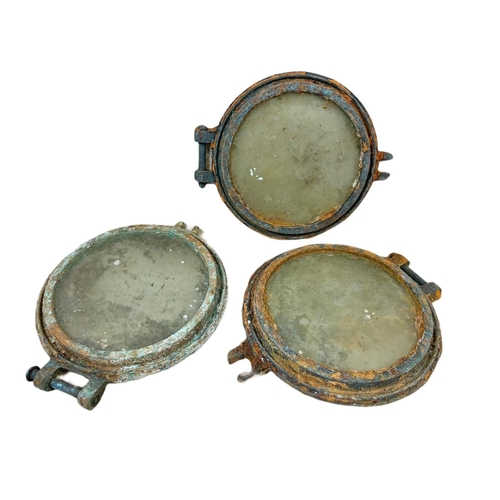 22 - 3 matching late 19th/early 20th century brass ships port holes. 34/29cm