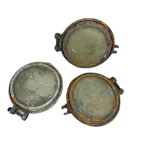 22 - 3 matching late 19th/early 20th century brass ships port holes. 34/29cm